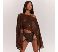 Top de plage marron en maille transparente ajustée, décoré de sequins. Top crocheté, tenue d'été/de fête/de festival de musique/de rassemblement/de boîte de nuit/de style de rue/de festival de musique