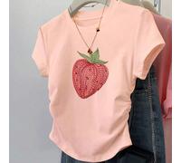 Top de soirée ajusté avec taille froncée, T-shirt à manches courtes avec imprimé de fraises douces, et polyvalent pour l'été L,M,S,XL,XSFruits & légumesTissu tricoté