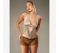 Top de soirée, de cocktail, de club, de festival, d'été et de vacances avec col ras-du-cou, taille empire et bordure argentée, imprimé serpent métallique L,M,S,XL,XSPlantesTissu tissé