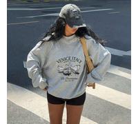 Top de sport femme en coton avec graphique de gondole de Venise, Italie. Coupe ample et oversize, épaules tombantes, col rond, doublure polaire épaisse pour l'automne/l'hiver. Style décontracté et pol