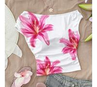 Top de style cami court asymétrique plissé avec imprimé floral tropical bohème élégant pour adolescentes. Tricot blanc, décontracté, adapté pour le printemps/été, le style personnalisé, le port quotid