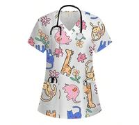 Top de tenue de travail d'infirmière à imprimé mignon d'animaux de bande dessinée et de fleurs L,M,S,XL,XS,XXLCartoon,Géométrique,Plantes,Tout ImpriméÉtoffe