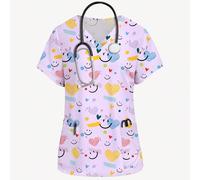 Top de tenue d'infirmière à col en V, manches courtes, poche, imprimé de cœurs colorés et de visages souriants, tenue de travail L,M,S,XL,XS,XXLPortraitTissu tissé
