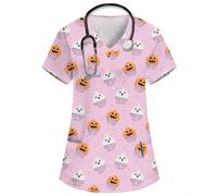 Top de travail d'infirmière/médecin Halloween rose col en V manches courtes double poche motif Halloween mignon, Top de travail de santé/examen chirurgical Halloween, Top de travail de beauté/nutritio