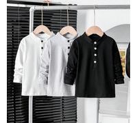 Top décontracté à col montant de couleur unie pour jeune garçon, noir/blanc/gris classique, minimaliste et polyvalent, design boutonné pour un look raffiné, convient pour l'école, les sorties décontra