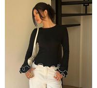 Top décontracté de style ancien pour femme, vêtements d'automne pour femme, bas décontractés noirs pour navetteurs, Top à manches longues évasées, col rond, ourlet à volants, nœud papillon, dos nu, st