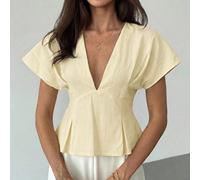 Top décontracté d'été jaune pâle à col en V pour femmes, Top élégant à ourlet plissé pour le bureau, les concerts de musique country, les westerns de Nashville L,M,S,XL,XS,XXSUnicoloreTissu tissé