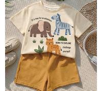 Top décontracté minimaliste pour bébé garçon, adapté au printemps et à l'été, imprimé classique mignon de dessin animé fait à la main avec éléphant, zèbre et léopard 6-9M,9-12M,12-18M,18-24M,2-3YLettr