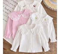 Top décontracté mode pour filles, doux et mignon, col Claudine, bordure en dentelle, boutons devant, manches longues, poignets élastiques, ourlet à volants, couleur unie, blanc ou rose, blouse de rent