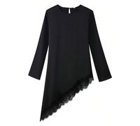 Top décontracté pour femme avec patchwork en dentelle, couleur unie, manches longues avec cordon de serrage, ourlet asymétrique, pull-over élégant basique à la mode pour le travail et la rue, noir L,M