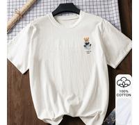 Top décontracté pour femmes à imprimé ours 100% coton manches courtes, t-shirt graphique, tissu doux, vêtement en coton, tenue d'extérieur, motif imprimé, t-shirt d'été, vacances, style de voyage, amb
