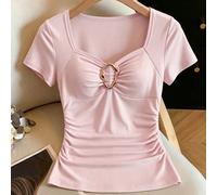 Top décontracté pour femmes, nouvelle collection printemps/été, taille cintrée, manches raglan, col large, décoration boucle métallique, idéal pour les sorties, les déplacements, les vacances et les r