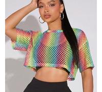 Top décontracté sexy polyvalent pour femme, dégradé ajouré, style techno, rose et jaune, pour le quotidien, rave, club et soirée, été L,M,S,XL,XS,XXSTout ImpriméTissu tricoté