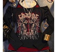 Top décontracté style urbain à manches longues pour femmes grande taille avec imprimé croix et blocs de couleurs rayés noir et rouge, convient pour le printemps et l'automne. 0XL,1XL,2XL,3XL,4XLAnimal