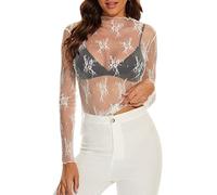 Top Dentelle Femme Manche Longue, Haut Sexy Femme,Tee Shirt Femme Manche Longue Transparente Impression de Motifs Col Rond Mesh Elastique Tunique Moulant Blouse Soirée Club Chemise de Mode Blouse