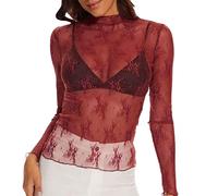 Top Dentelle Femme Manche Longue, Haut Sexy Femme,Tee Shirt Femme Manche Longue Transparente Impression de Motifs Col Rond Mesh Elastique Tunique Moulant Blouse Soirée Club Chemise de Mode Blouse