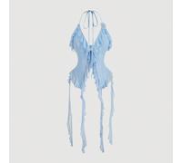 Top d'été à col lavallière avec ruban à volants bleu clair et fleurs 3D. Top d'été romantique pour femmes. Top de concert sexy à encolure ras-du-cou pour femmes L,M,S,XL,XS,XXL,XXS,XXXL,XXXXLTissu tri