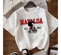 Top d'été décontracté blanc à manches courtes et col rond avec graphique MAFALDA 1963 pour femmes grandes tailles 0XL,1XL,2XL,3XL,4XL,5XLCartoon,graphique,LettresTissu tricoté