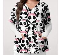 Top d'infirmière d'été grande taille, Top d'infirmière décontracté avec imprimé mignon de panda et nœud pour femmes 0XL,1XL,2XL,3XL,4XLHalloween,Imprimés aléatoiresTissu tissé