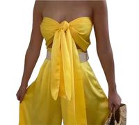 Top Dos Nu Croisé Ensemble Deux pièces for Femme, Haut Court à nœud Papillon et Pantalon Large, Couleur Plus vive, Tenue de soirée Assortie(Yellow,S)