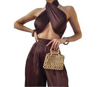 Top Dos Nu Croisé Ensemble Deux pièces for Femme, Haut Court à nœud Papillon et Pantalon Large, Couleur Plus vive, Tenue de soirée Assortie(Brown,S)