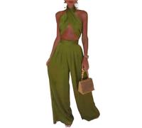 Top Dos Nu Croisé Ensemble Deux pièces for Femme, Haut Court à nœud Papillon et Pantalon Large, Couleur Plus vive, Tenue de soirée Assortie(Green,XL)