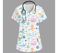 Top d'uniforme de femme blanc col en V manches courtes double poche motif mignon animal marin de dessin animé infirmière médecin hôpital uniforme de travail de laboratoire chirurgical cosplay L,M,S,XL