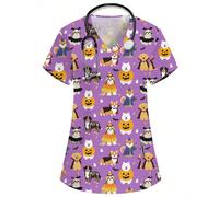 Top d'uniforme de travail pour infirmière et médecin avec col en V violet, manches courtes, double poche, motif mignon d'éléments d'Halloween, uniforme de chirurgie et de contrôle de santé d'Halloween