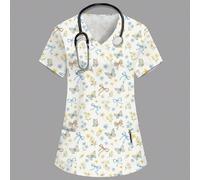 Top d'uniforme de travail pour infirmière et médecin, col en V, manches courtes, double poche, imprimé mignon papillon floral et nœud, fonctionnel, pour examen de santé, chirurgie, laboratoire, vacanc
