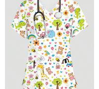 Top d'uniforme décontracté et amusant avec imprimé de dessins animés d'animaux & plantes, Top de travail pour femmes avec col en V, manches courtes, double poche avec design d'oreilles, saison printem