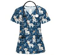 Top d'uniforme infirmière à manches courtes avec graphique de chien de bande dessinée pour femme L,M,S,XL,XXLAnimal,Cartoon,Géométrique,Tout ImpriméTissu tissé