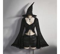 Top en tricot à manches évasées noires, avec empiècement en dentelle, nœud papillon et col en V. Costume d'Halloween, vêtements pour la remise des diplômes/la rentrée scolaire, style sorcière 0XL,1XL,