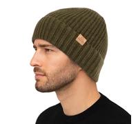 TOP-EX Bonnet d'hiver en laine mérinos XL/XXL - Bonnet tricoté chaud avec poignets et doublure polaire - Bonnet extensible unisexe pour homme et femme - Cadeau pour les jours froids, 96573_Vert armée