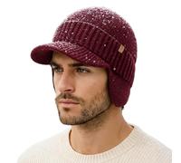 TOP-EX Bonnet d'hiver unisexe imperméable 80 % laine mérinos avec visière et cache-oreilles, doublure en polaire chaude, idéal pour le temps froid et les sports de plein air, Bordeaux_imperméable, M-L