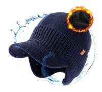 TOP-EX Bonnet d'hiver unisexe imperméable 80 % laine mérinos avec visière et cache-oreilles, doublure en polaire chaude, idéal pour le temps froid et les sports de plein air, M-L