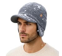 TOP-EX Bonnet d'hiver unisexe imperméable 80 % laine mérinos avec visière et cache-oreilles, doublure en polaire chaude, idéal pour le temps froid et les sports de plein air, Gris clair - Imperméable