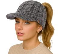TOP-EX ChicPony Bonnet d'hiver en laine mérinos avec visière, 3 ouvertures tressées, doublure polaire, chaud et coupe-vent pour femme, Gris urbain (poney), M-L