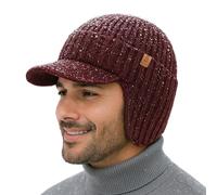 TOP-EX DryKnit Bonnet à visière, 80 % laine mérinos, imperméable, en tricot, pour homme, avec visière, chaud, coupe-vent, avec doublure en polaire et cache-oreilles, pour la course à pied, le camping
