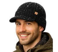 TOP-EX DryKnit™ bonnet en laine mérinos imperméable L/XL/XXL avec visière doublé de polaire - Bonnet d'hiver chaud pour homme et femme, Noir , M-L