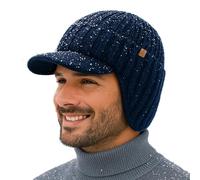 TOP-EX DryKnit™ Casquette imperméable en laine mérinos à 80% pour homme, bonnet d'hiver en tricot avec doublure en polaire et cache-oreilles, M-XXL, bleu, M-L