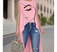 Top femme à imprimé visage abstrait, sans manches, coupe évasée, court devant et long derrière. Top à la mode pour femmes, rose. Hauts et blouses femmes, tenues à la mode sur Pinterest, tenues d'été e