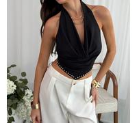 Top femme de couleur unie, style licou, dos nu, drapé, et sexy. Convient pour l'école, chic, été, plage, vacances, style boho, tropical, y2k années 2000, concerts, raves, festivals, country, Ibiza, Na