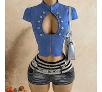 Top femme décontracté sexy de vacances en faux denim bleu, style Napoléon, ajusté, col U, manches courtes, pour rendez-vous, thé de l'après-midi, plage, croisière, road trip, vacances en ville, festiv
