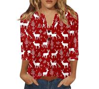 Top Femme Grandes Tailles Fitness Christmas Mode Shirt Manche 3/4 Noel Comfy Col V Profond Chemisier Moche De Noel Femme Chic Et Elegant Tee Shirt