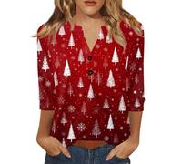 Top Femme Grandes Tailles Fitness Christmas Mode Shirt Manche 3/4 Noel Comfy Col V Profond Chemisier Moche De Noel Femme Chic Et Elegant Tee Shirt