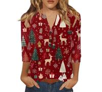 Top Femme Grandes Tailles Fitness Christmas Mode Shirt Manche 3/4 Noel Comfy Col V Profond Chemisier Moche De Noel Femme Chic Et Elegant Tee Shirt