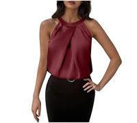 Top Femme Satin sans Manches Halter Camisole Debardeur Femmes Plissée Été 2025 Gilet Tops Boutons Dos Tunique Femmes Blouses Haut Femme Chic Et Elegant Cami Hauts Blouses Soie Pas Cher
