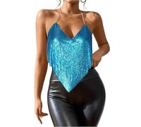 Top Festif Brillant Débardeur Glamour À Bretelles Haut sans Manches Débardeurs Casual Carnaval Top Chic Sexy Haut Brillant pour Les Réveillons Bleu Ciel S