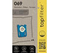 TOP FILTER 64069 Lot de 4 sacs aspirateur Philips Tornado Electrolux, sac aspirateur Philips, sac aspirateur Electrolux, poche aspirateur, Non tissé polypropylène, Plastique, Caoutchouc, 30 x 26 cm