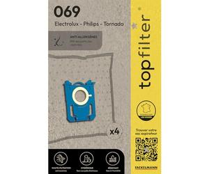 TOP FILTER 64069 Lot de 4 sacs aspirateur Philips Tornado Electrolux, sac aspirateur Philips, sac aspirateur Electrolux, poche aspirateur, Non tissé polypropylène, Plastique, Caoutchouc, 30 x 26 cm